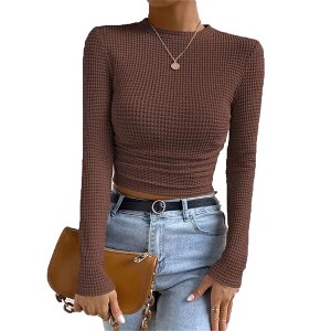 Women's Long Sleeve Waffle Knit Round Neck Asymmetric Hem Top - 1 of 4