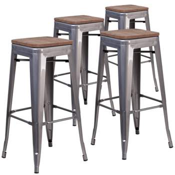 Merrick Lane Set of 4 30 Inch Tall Clear Coated Gray Metal Bar Counter Stool With Textured Walnut Elm Wood Seat