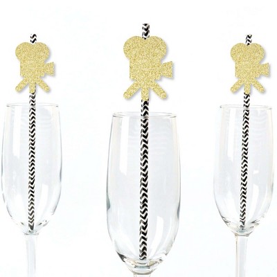 Big Dot of Happiness Gold Glitter Movie Camera Party Straws - No-Mess Real Glitter Cut-Outs and Decorative Movie Night Party Paper Straws - Set of 24