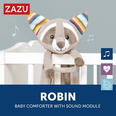 Zazu Kids Robin the Racoon Lovey Snuggler with Soothing Music & Sounds, Cry Sensor, Super Soft Sensory Blanket