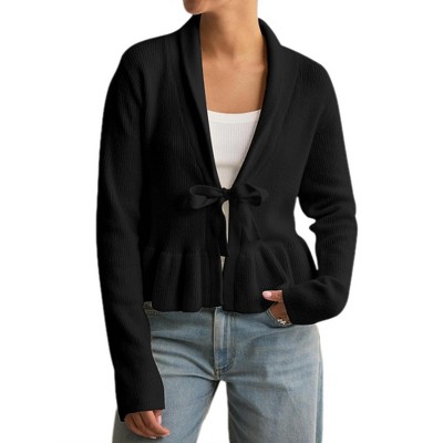 Women's Casual Draped Open Front Cropped Cardigan Long Sleeve Sweater Peplum Knit Outwear