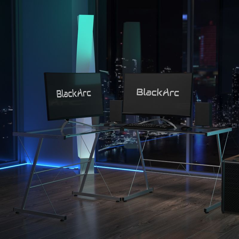 BlackArc L-Shaped Gaming Desk with Tempered Glass Top and Powder Coated Steel Frame, 3 of 11