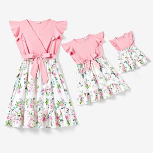PATPAT Mommy and Me Dresses Matching Set Ruffle Flutter Short Sleeve Floral Dress Mom Baby Girl  Boho Midi Dresses. - 1 of 4