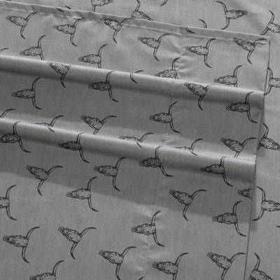 Gray Microfiber Queen Sheet Set with Steer Skull Print