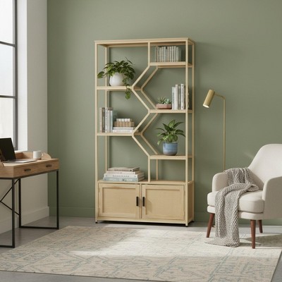 Homy Casa Geometric Bookshelf with Cabinets and Adjustable Shelves, Natural Wood Finish
