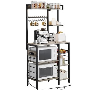 Bakers Rack Microwave Stand with Power Outlet, Led Lights & Wire Basket, Kitchen Rack with 10 S-shaped Hooks, Utility Storage Shelf Rack - 1 of 4