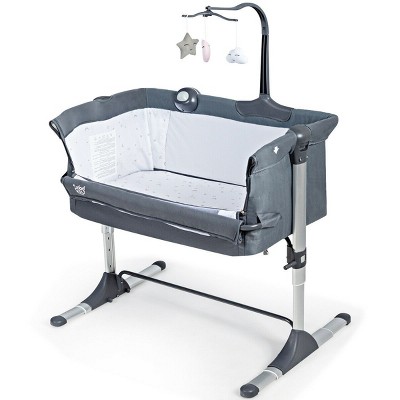 Image of Costway Portable Baby Bed Side Crib Height Adjustable W/ Music Box & Toys Dark Grey