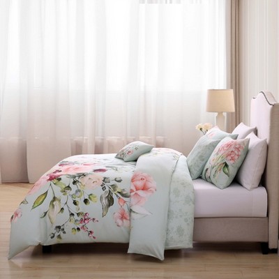 Queen Misty Green Cotton Reversible Floral Comforter Set
