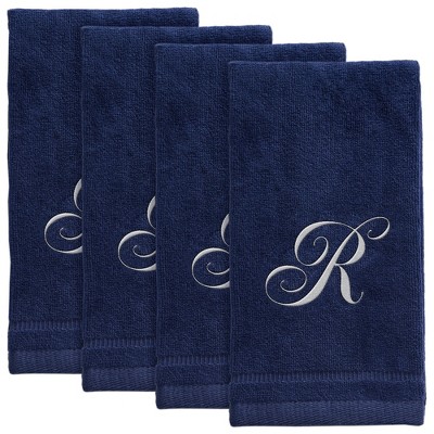 Creative Scents Navy Blue Fingertip Monogrammed Towels White Embroidered