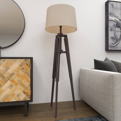 Industrial Brown Wood Tripod Floor Lamp with Empire Shade