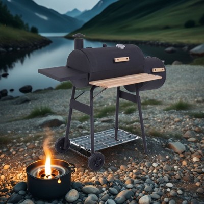 FURNIinspire Outdoor Grills, Griddles and Smokers Charcoal Grill and Smoker Combo for Backyard BBQ with Wheels, Black, 40.25"*14.25"*14.25"