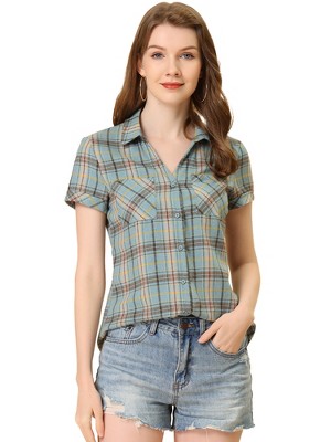 INSPIRE CHIC Women's Classic Short Sleeve Button Down Plaid Shirt