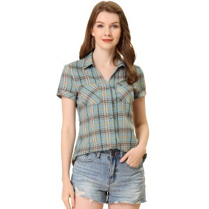 INSPIRE CHIC Women's Classic Short Sleeve Button Down Plaid Shirt - 1 of 4