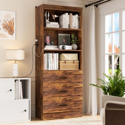 Aheaplus 6-Tier Tall Cabinet with USB Ports and Outlets, Storage Cabinet with Drawers and Open Shelves