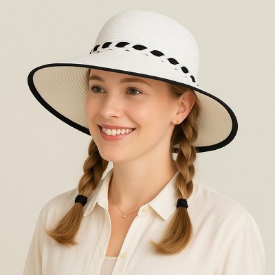 Anna-Kaci Women's Wide Brim Straw Hat with Braided Band and Contrast Bow Detail