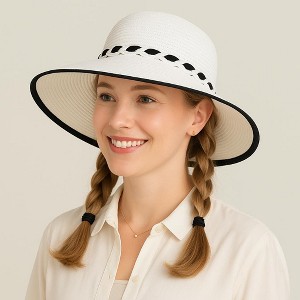 Anna-Kaci Women's Wide Brim Straw Hat with Braided Band and Contrast Bow Detail - 1 of 4