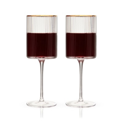 Meridian Ribbed Crystal Wine Glasses with Gold Rim, Set of 2