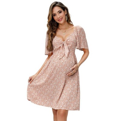 Maternity Front Knotted Knee Length Wrap Dress for Baby Shower