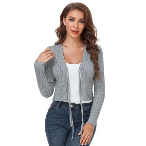 Long Sleeve Cropped Cardigan for Women Casual Jacquard Tie Front Shrug Sweater - 1 of 4