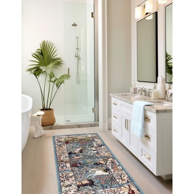Blue and Tan Floral Synthetic Indoor Runner Rug
