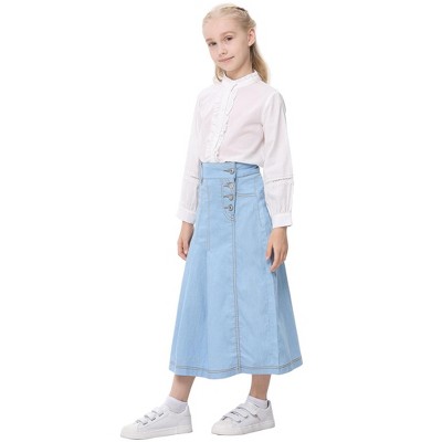 Girls Denim Skirts High Waist Pleated A-Line Skirts Midi Skirts Side Button Skirts Girls Bottoms,Light Blue - 140