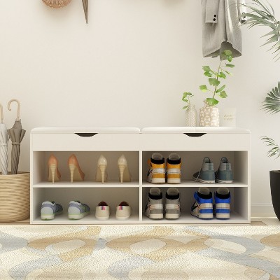 Famapy Wooden Shoe Cabinet with Cushions Open Shelves White