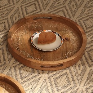 Moda Furnishings Carved Round Wooden Decorative Tray – Natural Wood Serving Platter with Intricate Floral Design - 1 of 4