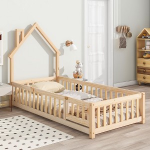 CAVINAS Twin/Full Size Bed Frame with House-Shaped Headboard & Fences,Modern Floor Bed for Kids Room,Bedroom - 1 of 4