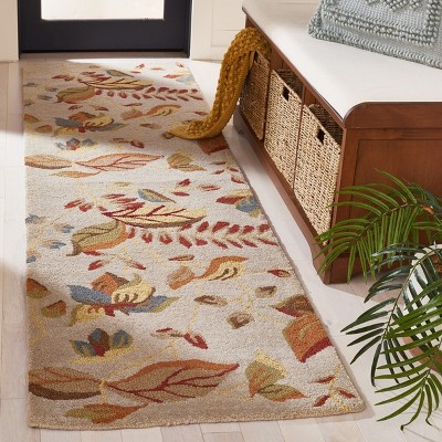Beige and Multicolor Floral Handmade Wool Runner Rug