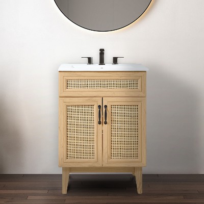 Javer 24" Oak Rattan Modern Farmhouse Bath Vanity Cabinet