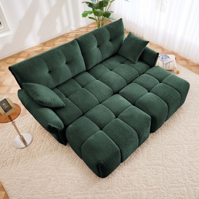 DOMETOUR 2 Seater Sofa Set With 2 Ottomans And Throw Pillows, Cozy Plush Chenille Fabric, Ideal For Living Room, Apartment Or Dorm, In Green