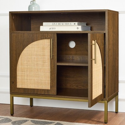 Natural Brown Engineered Wood and Rattan 2-Door Cabinet