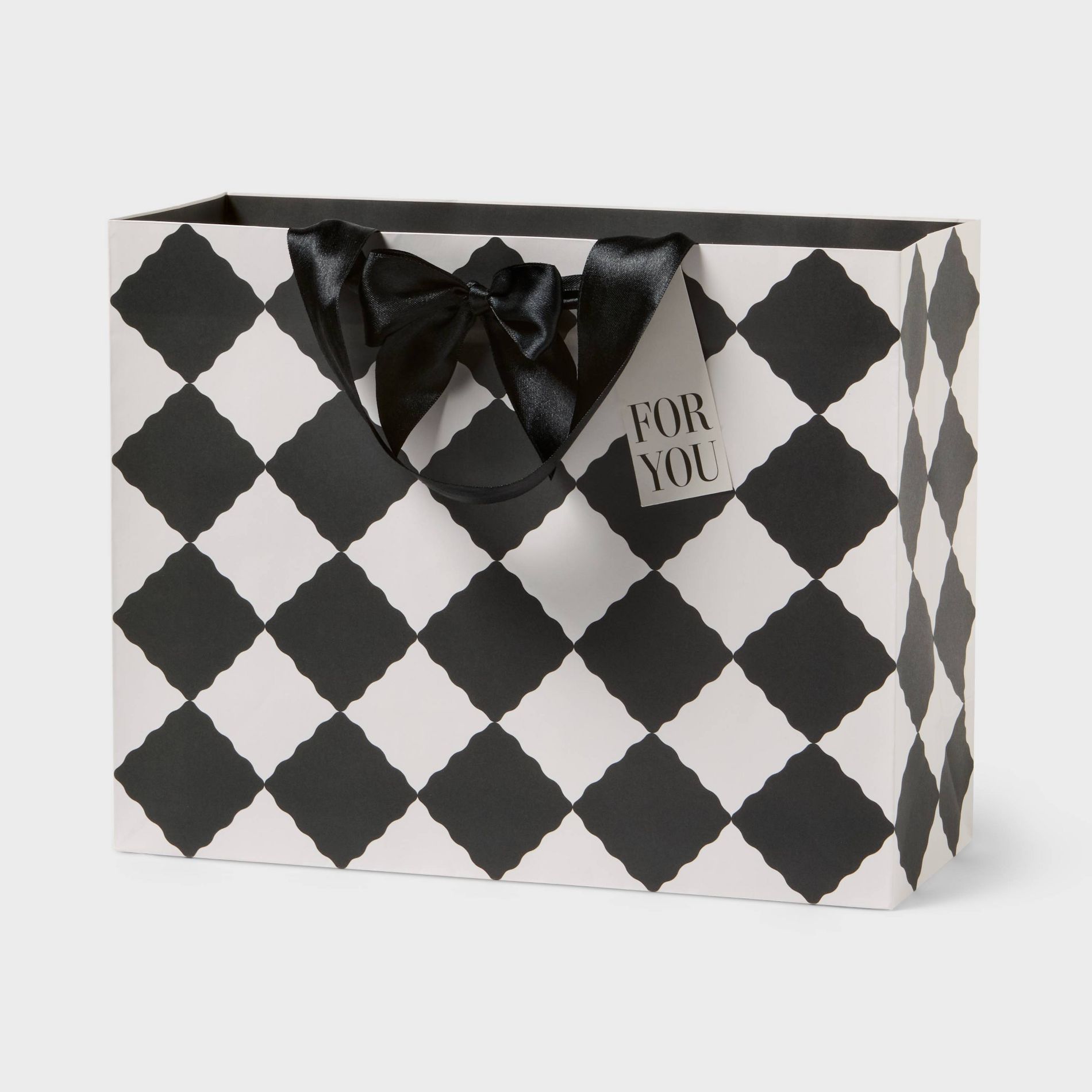 Large Diamond Wedding Gift Bag with Bow and Tag Black/Cream - Spritz™