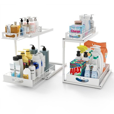 SKONYON 2 Packs Under Sink Organizer, 2 Tier Slide out Pull out Cabinet Organizer Shelf, Metal Sliding Organization Rack for Kitchen Bathroom Pantry