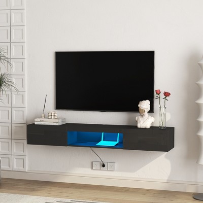 Vynxaria Floating TV Stand Wall Mounted with 16 Color LEDs,63" Modern TV Stand, Floating TV Cabinet Entertainment Center for 55 60 65 Inch TV,Black