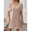 Womens V Neck Puff Sleeve Color Block Loose Fit Midi Dress - 4 of 4