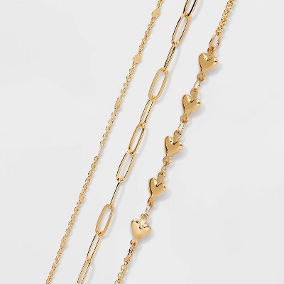 Heart Chain Anklet Set 3pc - Wild Fable™ Gold: Lobster Claw Clasp, Iron Brass Zinc Alloy, 9" Length, Chain Style