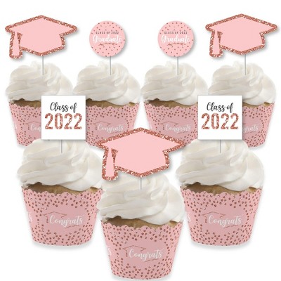 Big Dot of Happiness Rose Gold Grad - Cupcake Decoration - 2022 Graduation Party Cupcake Wrappers and Treat Picks Kit - Set of 24