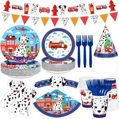 DYLIVeS Fire Station Birthday Decorations, 192 Pcs Fire Man Tableware Plates Spotted Dogs Napkins Cups, Cup Sleeves, Party Cone Hats, Forks, Banner
