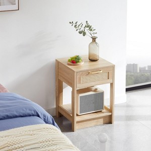 Acekool Rattan Nightstand with Drawer, Bedside End Table for Small Spaces, 15.75"L x 15.75"W x 21.65"H, Natural Finish - 1 of 4