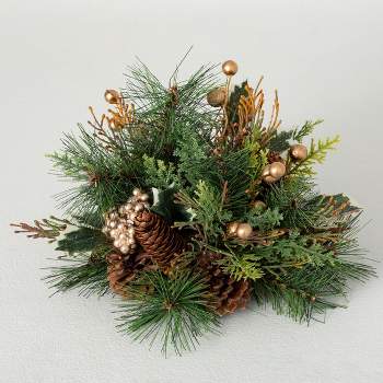 7.5"H Sullivans Gold Holly And Pine Orb, Green