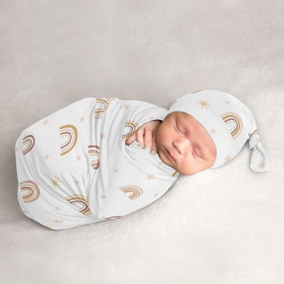 Image of Sweet Jojo Designs Girl Baby Cocoon and Beanie Hat Swaddle Wrap Boho Rainbow Multicolor 2pc