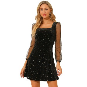 INSPIRE CHIC Women's Mesh Sheer Puff Long Sleeve Square Neck Glitter Star Mini Velvet Dress - 1 of 4
