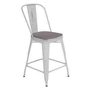 Emma and Oliver Distressed Metal Stools with Backs and Polystyrene Seats for Indoor/Outdoor Use - 1 of 4