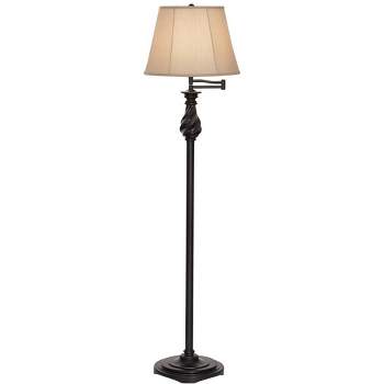 Regency Hill Traditional Swing Arm Floor Lamp 58" Tall Painted Black Bronze Swirl Font Faux Silk Beige Shade for Living Room Reading Office