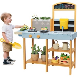 Kids Wooden Mud Kitchen Playset - 39.3" Outdoor Pretend Play with Clear Planter, Removable Sink & Chalkboard (Ages 3+) - 1 of 4
