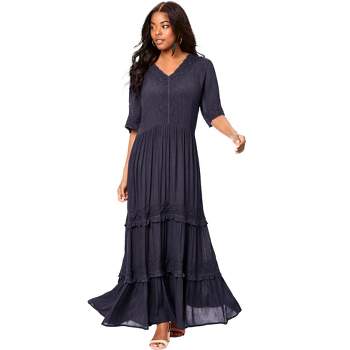 Roaman's Women's Plus Size Lace Crinkle Maxi Dress