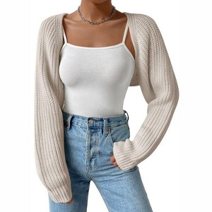 Coolmee Women's Open Front Ribbed Knit Crop Bolero Drop Shoulder Long Sleeve Loose Fit Knitted Crop Cardigan Shrug Gray M - 1 of 4