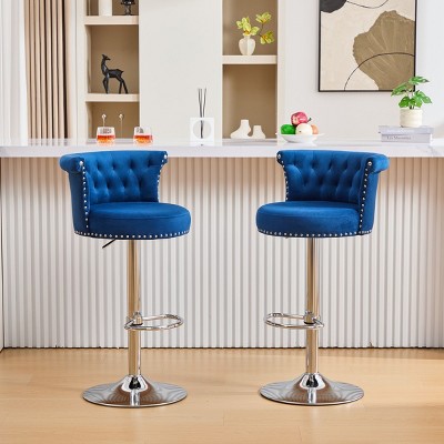 Set of 2 Velvet Swivel Bar Stools,Adjustable Counter Stools with Tufted Back,Chrome Base and Nailhead Trim for Kitchen Island-Maison Boucle
