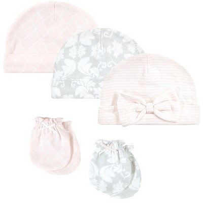 Hudson Baby Infant Girl Cotton Cap And Scratch Mitten Set, Damask, 0-6 ...